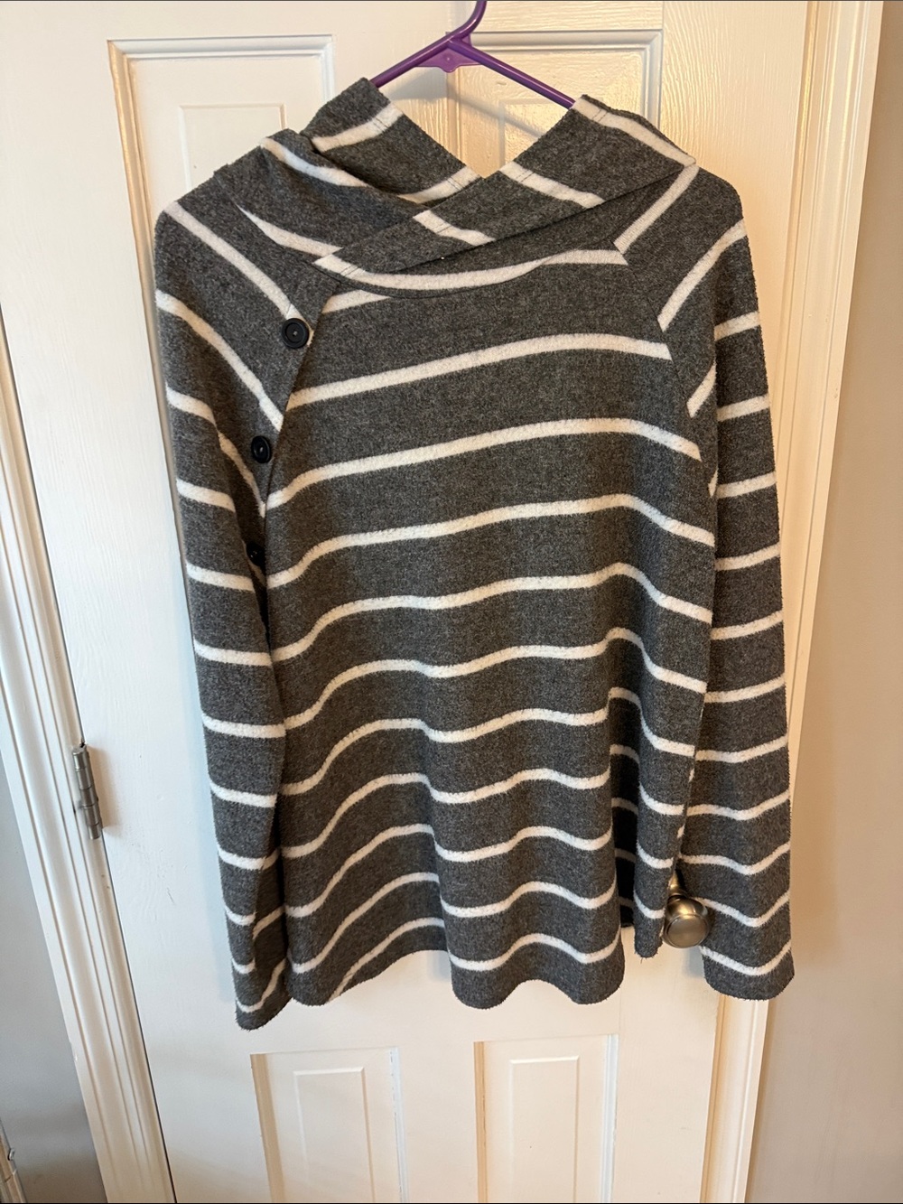 Striped Hooded Gray and White Women's Sweater
